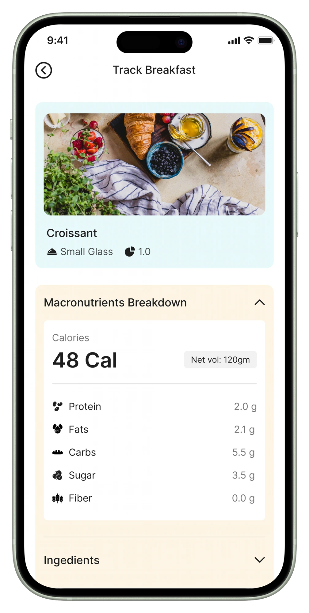 Kaire AI food tracking screen showing calories and macronutrient breakdown for breakfast