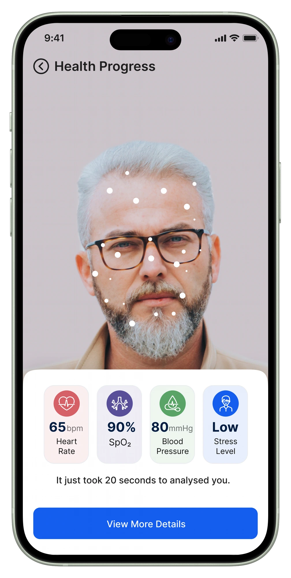 Kaire AI facial scan measuring heart rate, SpO2, blood pressure and stress level in 20 seconds