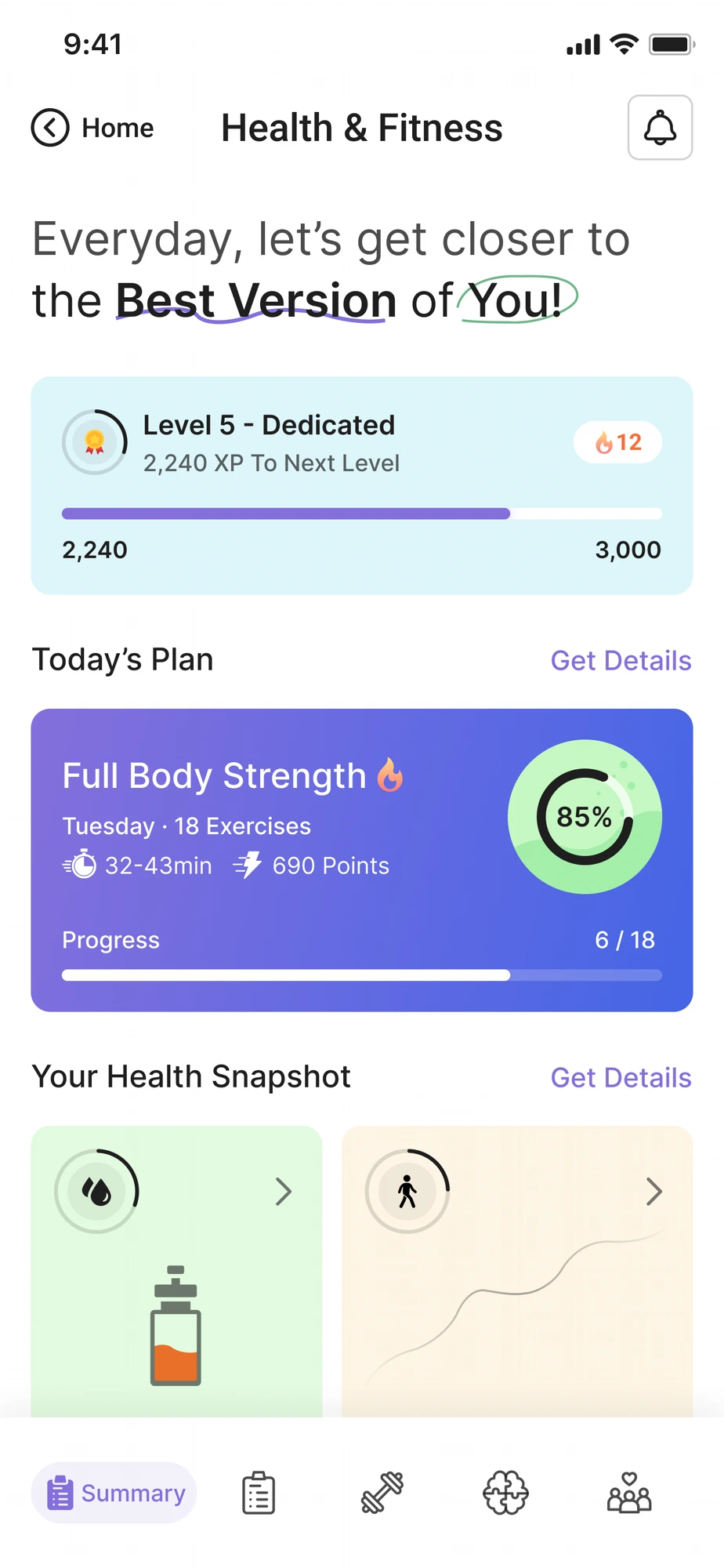 Kaire AI health and fitness screen with daily workout plan and progress tracking
