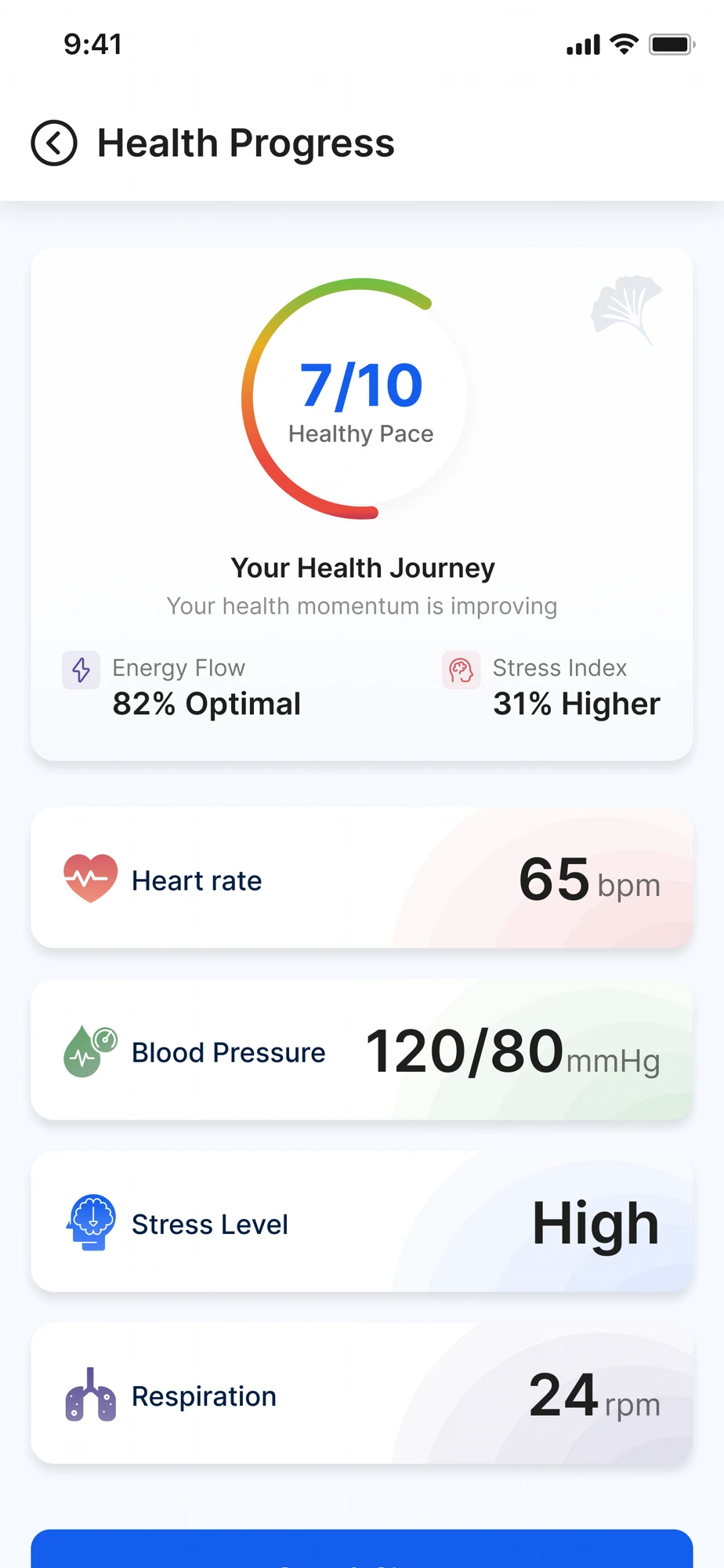 Kaire AI health progress summary with heart rate, blood pressure, stress level and respiration