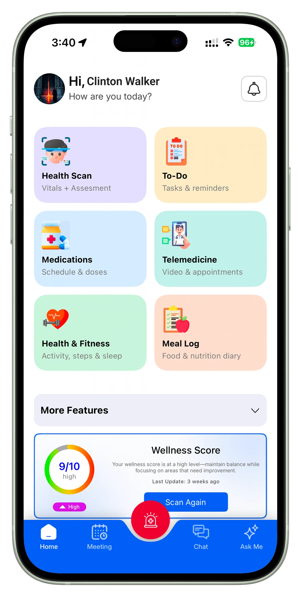 Kaire AI home screen with health scan, medications, telemedicine, to-do and meal log