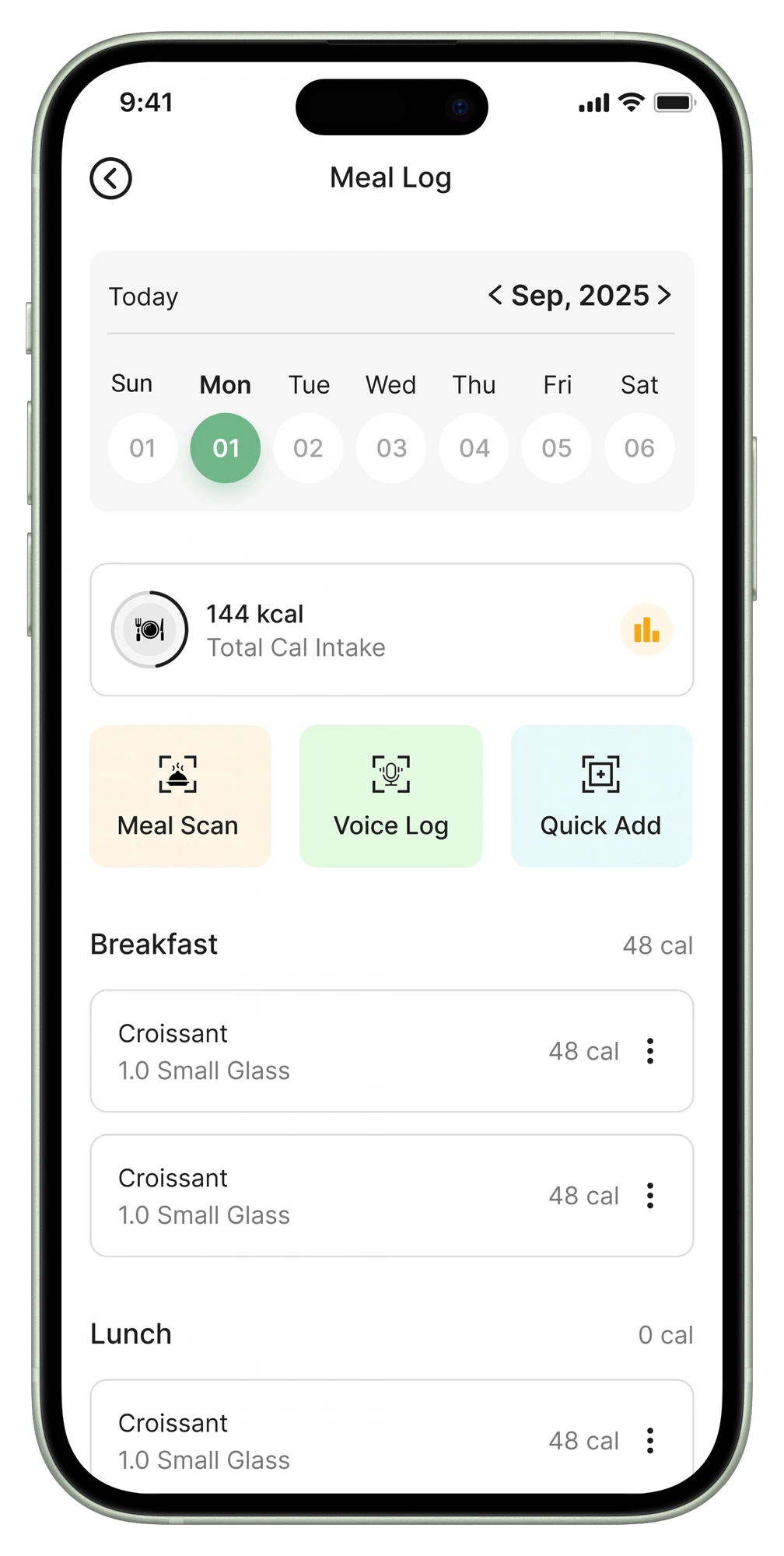 Kaire AI meal log screen tracking daily calorie intake for breakfast and lunch