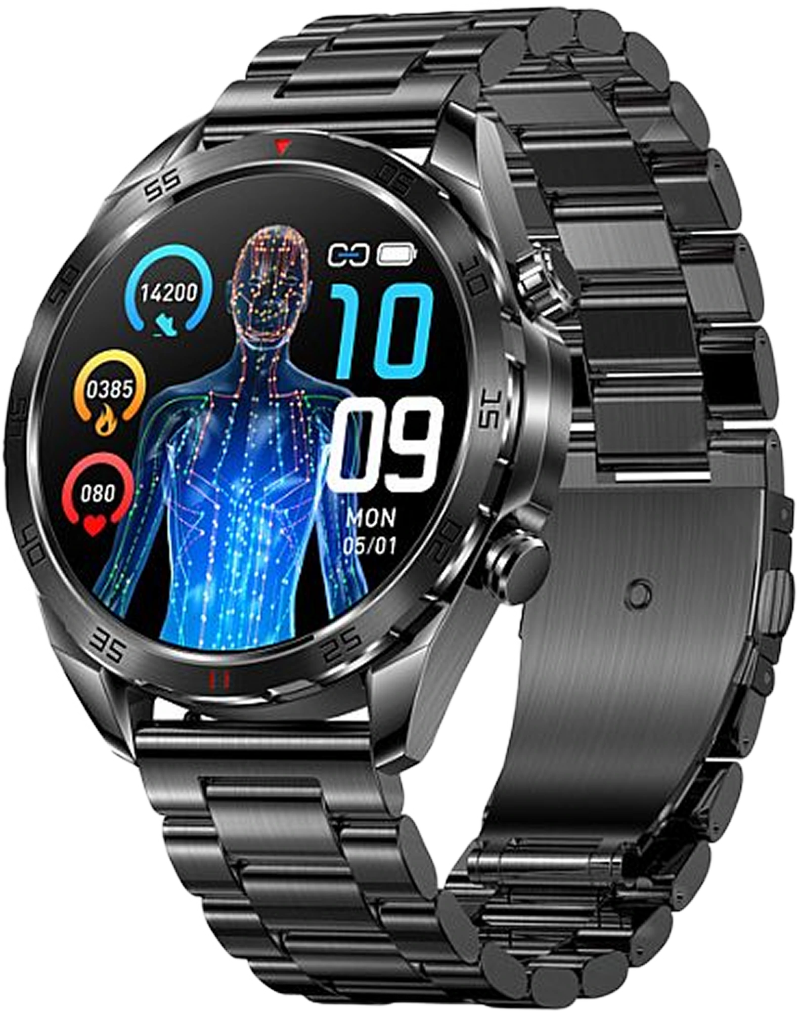 Kaire smartwatch displaying heart rate, steps and blood pressure health metrics