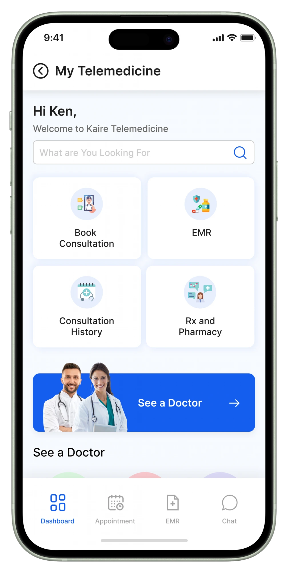Kaire AI telemedicine screen to book consultation, view EMR and see a doctor online