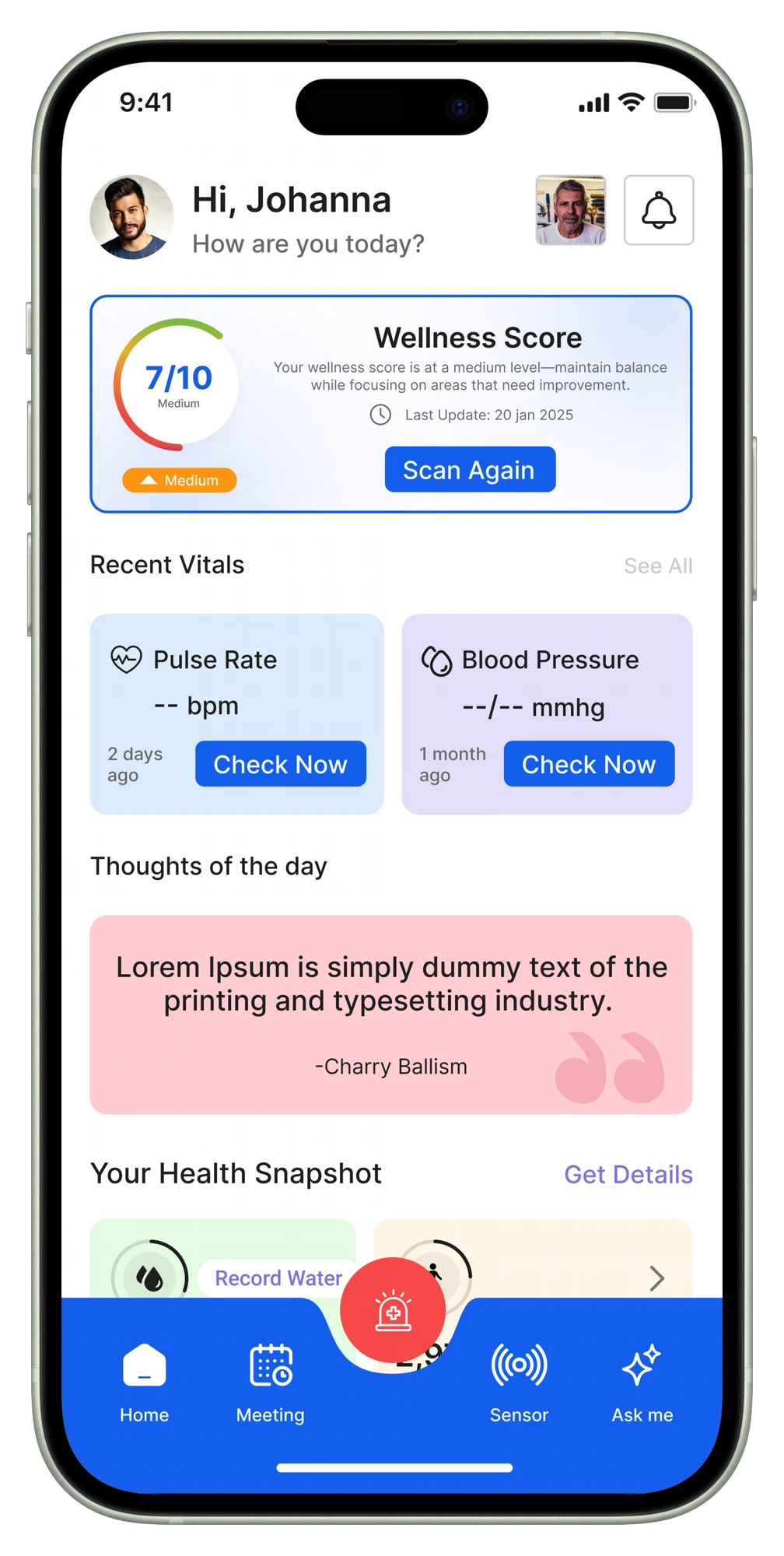 Kaire AI app dashboard showing wellness score, recent vitals and daily health snapshot